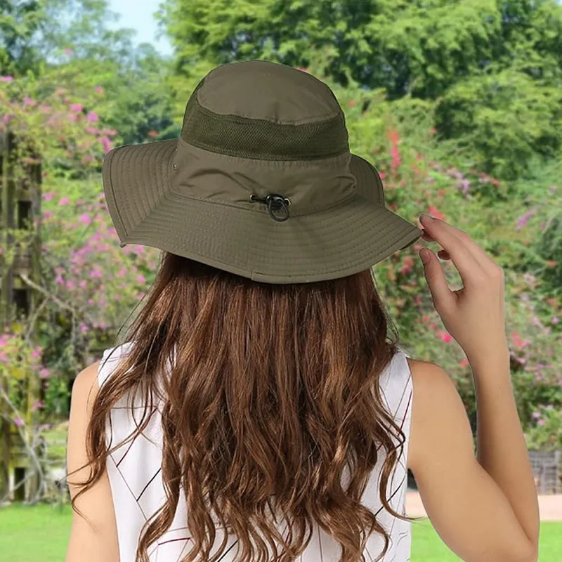 Outdoor Unisex Sunscreen Wide Brim Fisherman Hat with Wind Lanyard