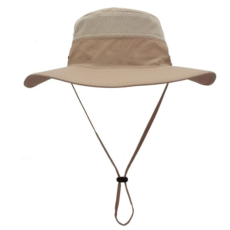 Outdoor Unisex Sunscreen Wide Brim Fisherman Hat with Wind Lanyard
