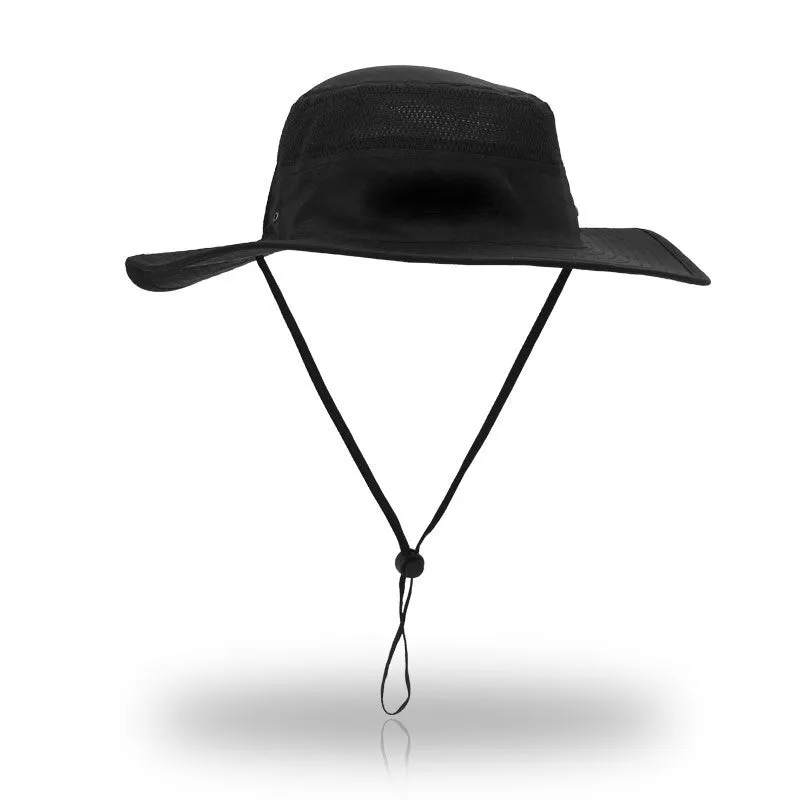 Outdoor Unisex Sunscreen Wide Brim Fisherman Hat with Wind Lanyard