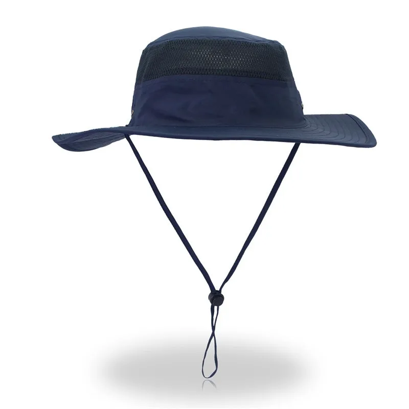 Outdoor Unisex Sunscreen Wide Brim Fisherman Hat with Wind Lanyard