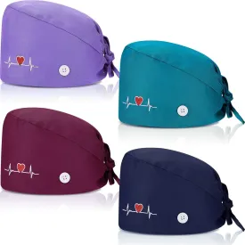 SATINIOR 4 Pieces Working Cap with Buttons, Unisex Bouffant Working Hat with Adjustable Sweatband