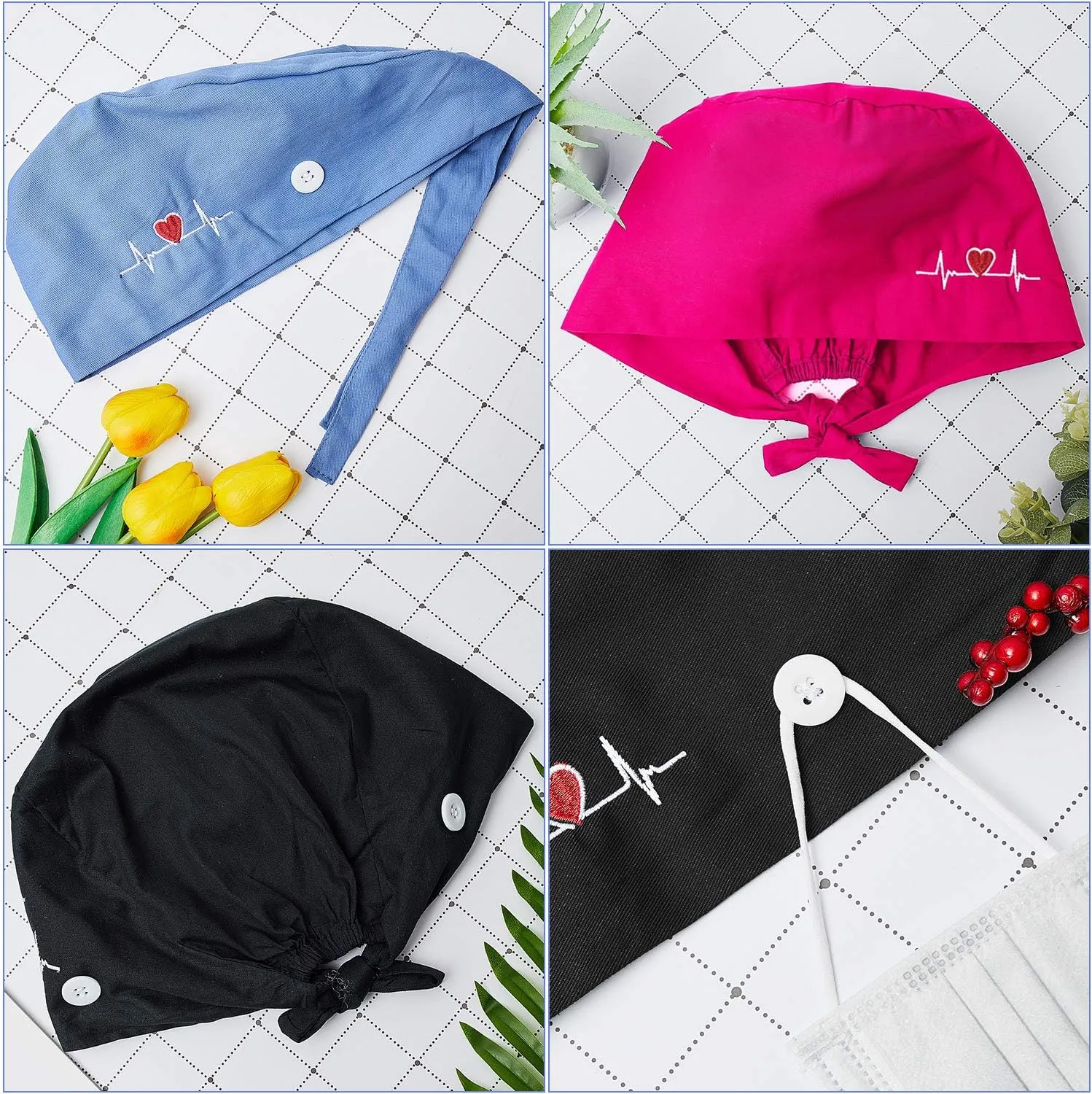 SATINIOR 4 Pieces Working Cap with Buttons, Unisex Bouffant Working Hat with Adjustable Sweatband