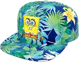 Spongebob Squarepants Baseball Cap, Tropical Floral Curved Brim Adjustable Snapback Hat, Blue and Green, One Size
