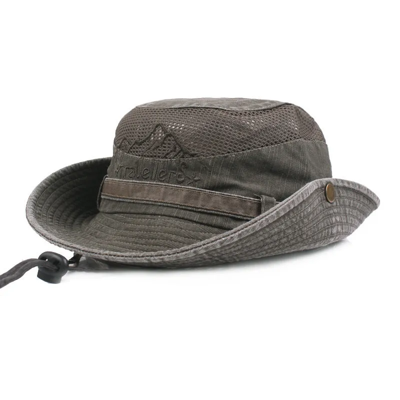 Summer Unisex Outdoor Wide Brim Cotton Fisherman Hat with Drawstring