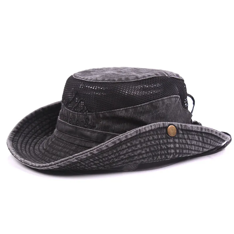 Summer Unisex Outdoor Wide Brim Cotton Fisherman Hat with Drawstring