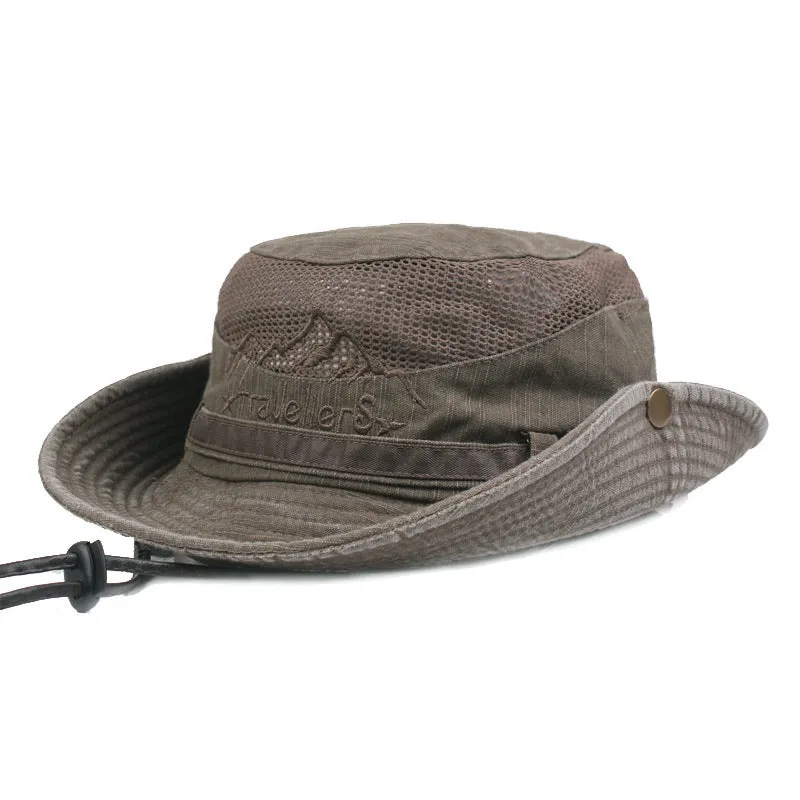 Summer Unisex Outdoor Wide Brim Cotton Fisherman Hat with Drawstring