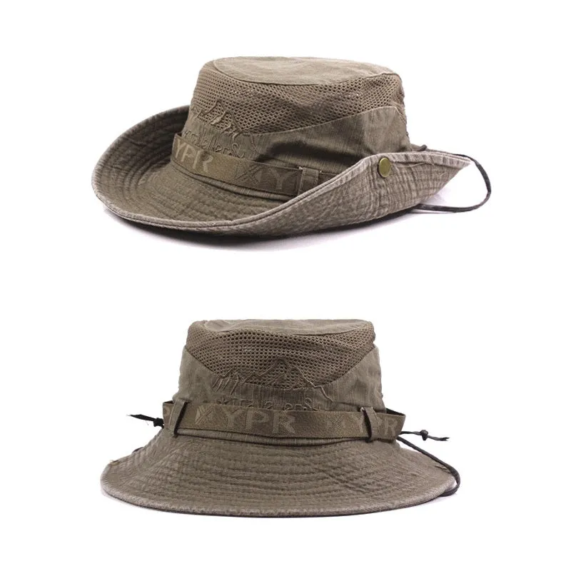 Summer Unisex Outdoor Wide Brim Cotton Fisherman Hat with Drawstring
