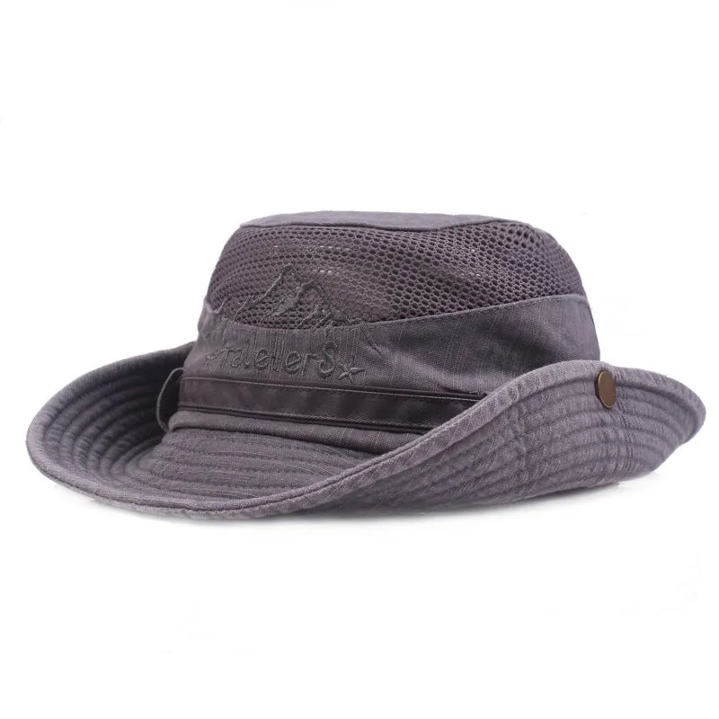 Summer Unisex Outdoor Wide Brim Cotton Fisherman Hat with Drawstring