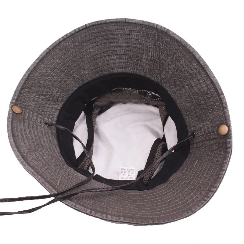Summer Unisex Outdoor Wide Brim Cotton Fisherman Hat with Drawstring