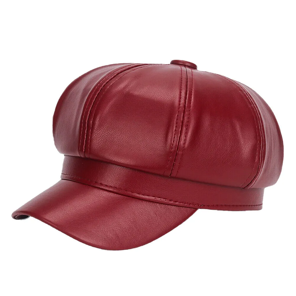 US 1-2Pc Women's PU Leather Plain Fineboy Cap Cabbie Visor Painter Hat Beret Hat