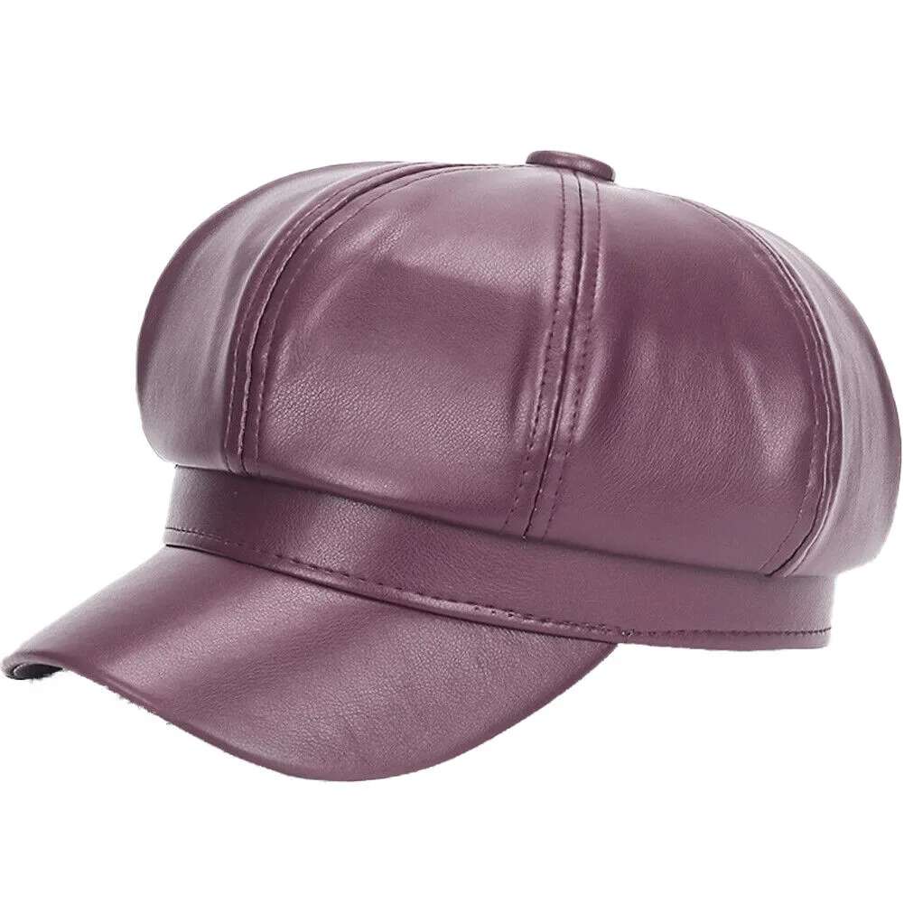 US 1-2Pc Women's PU Leather Plain Fineboy Cap Cabbie Visor Painter Hat Beret Hat