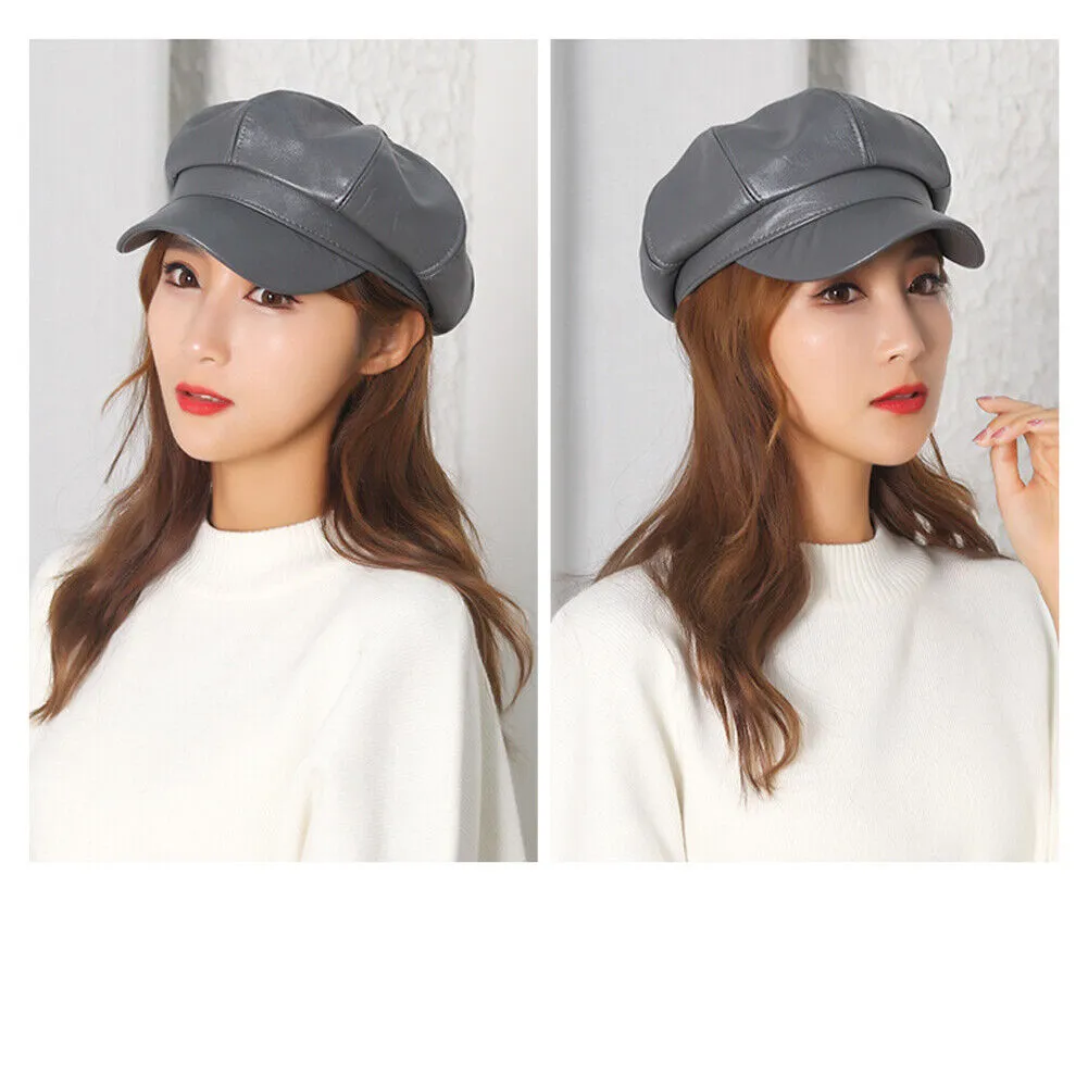 US 1-2Pc Women's PU Leather Plain Fineboy Cap Cabbie Visor Painter Hat Beret Hat