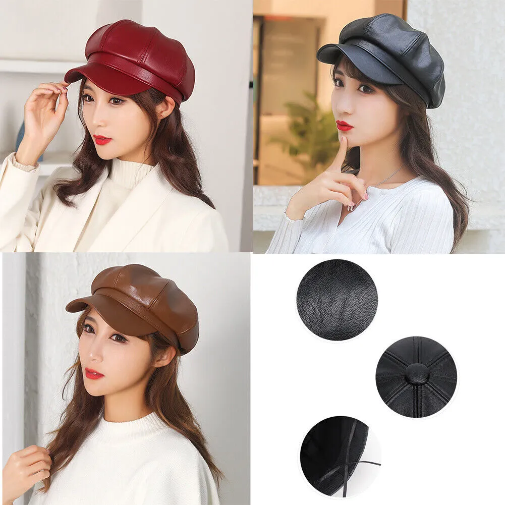 US 1-2Pc Women's PU Leather Plain Fineboy Cap Cabbie Visor Painter Hat Beret Hat