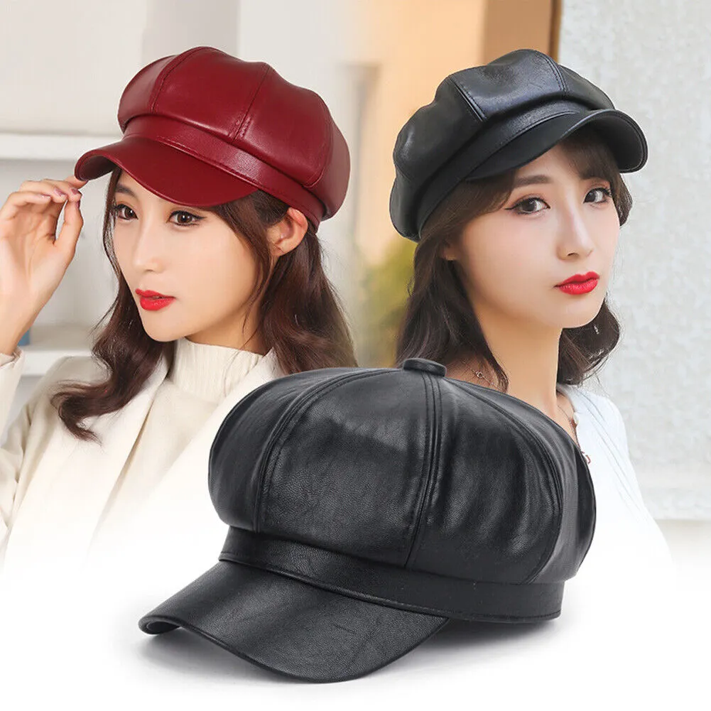 US 1-2Pc Women's PU Leather Plain Fineboy Cap Cabbie Visor Painter Hat Beret Hat