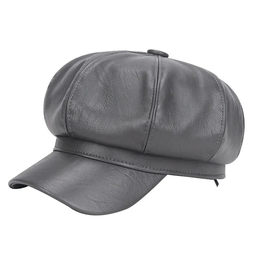 US 1-2Pc Women's PU Leather Plain Fineboy Cap Cabbie Visor Painter Hat Beret Hat