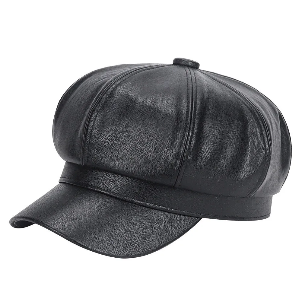 US 1-2Pc Women's PU Leather Plain Fineboy Cap Cabbie Visor Painter Hat Beret Hat