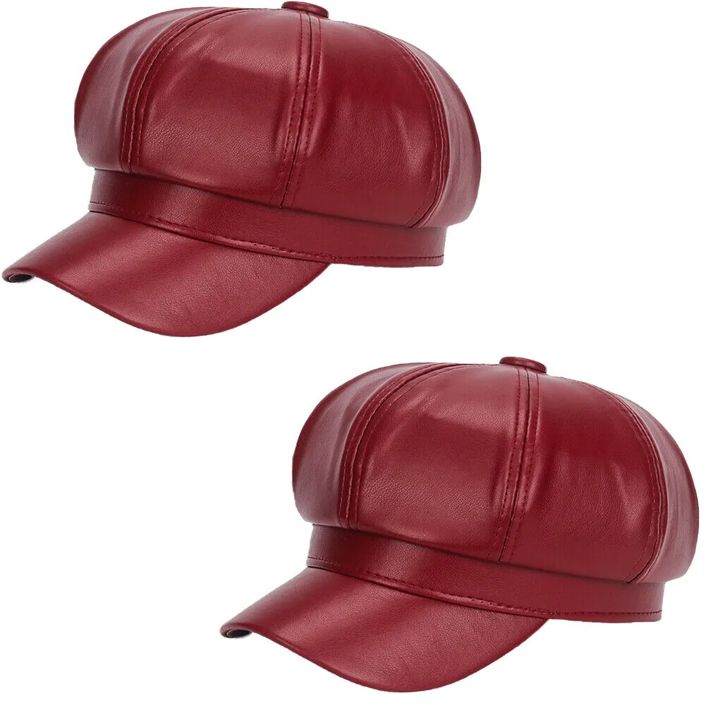US 1-2Pc Women's PU Leather Plain Fineboy Cap Cabbie Visor Painter Hat Beret Hat