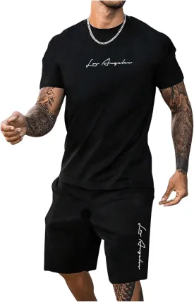 WDIRARA Men's 2 Piece Short Sets Graphic Print Short Sleeve T Shirts and Drawstring Shorts Clothing Set