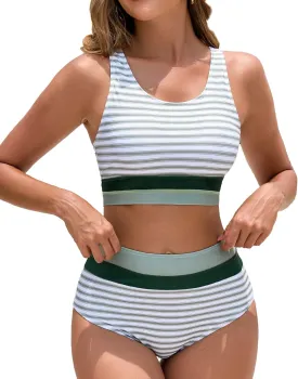 Women's High Waisted Bikini Sets Two Piece Swimsuit Color Block Sporty Athletic Moderate Coverage Bathing Suits