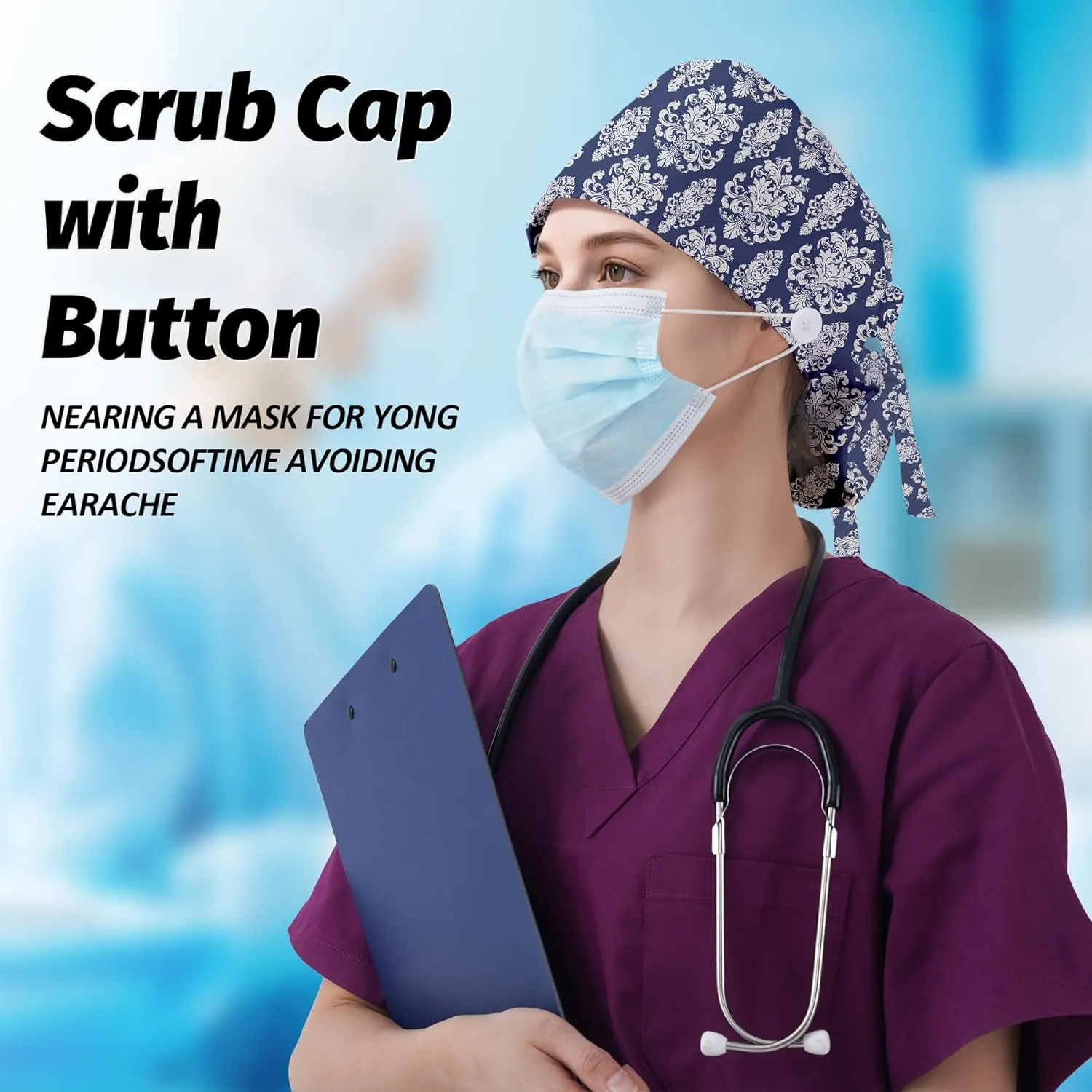 Working Cap Scrub Caps for Women, Nurse Hat Women Ponytail, Scrub Hats with Sweatband Buttons Adjustable Nurse Caps