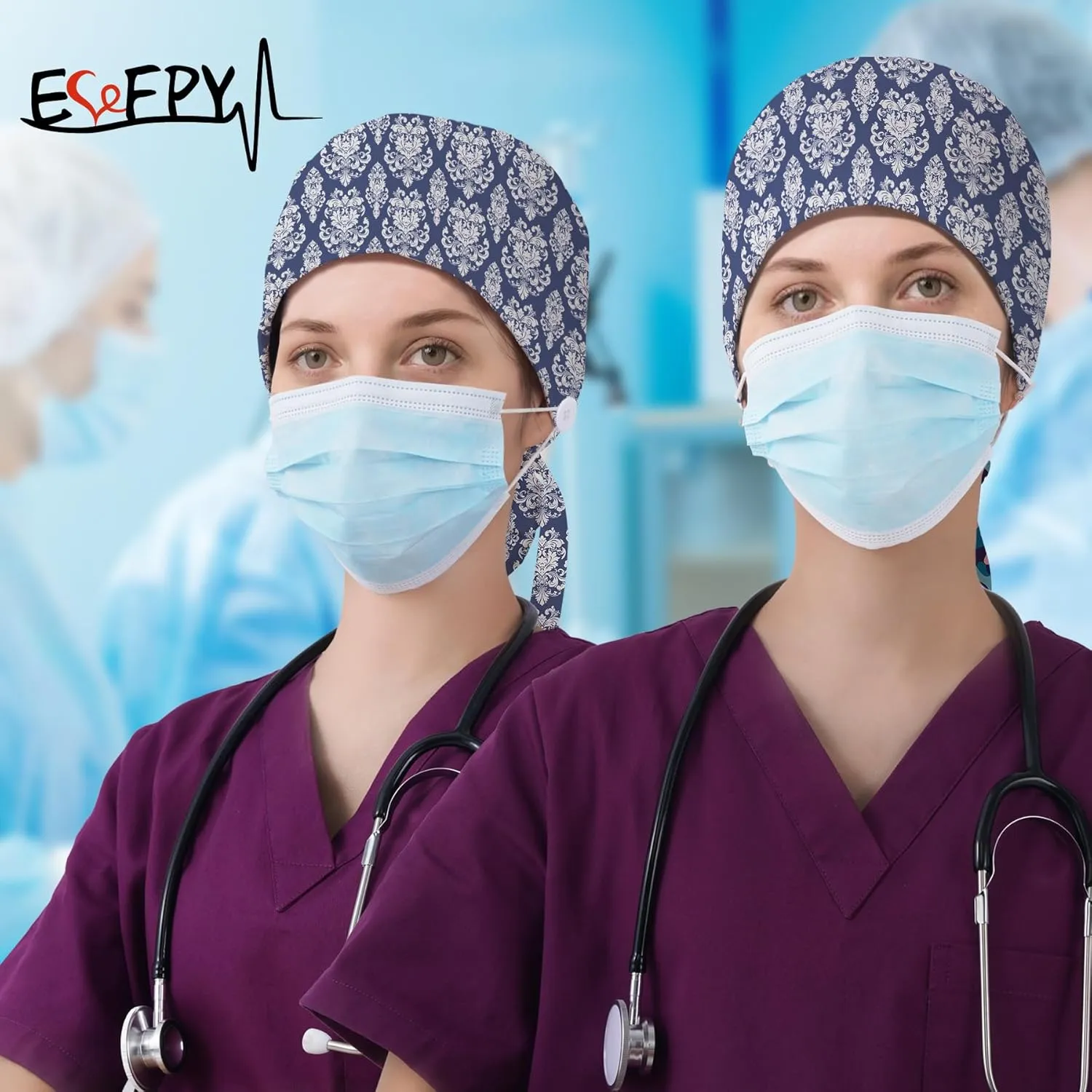 Working Cap Scrub Caps for Women, Nurse Hat Women Ponytail, Scrub Hats with Sweatband Buttons Adjustable Nurse Caps