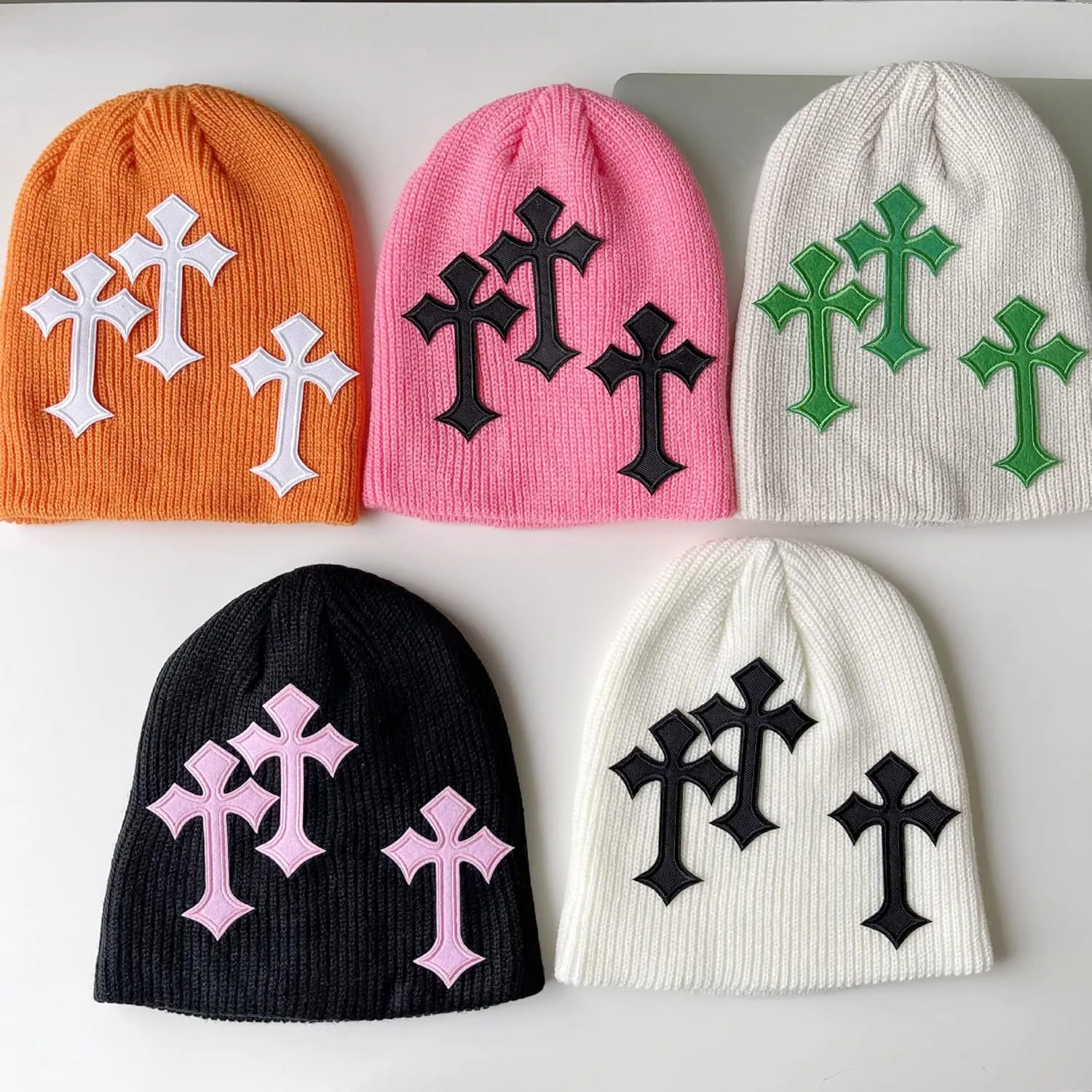 Y2K Dark Cross Wool Hat - Cross Pattern Fashion Loose Pile Knit Hat for Cold Weather - Autumn and Winter