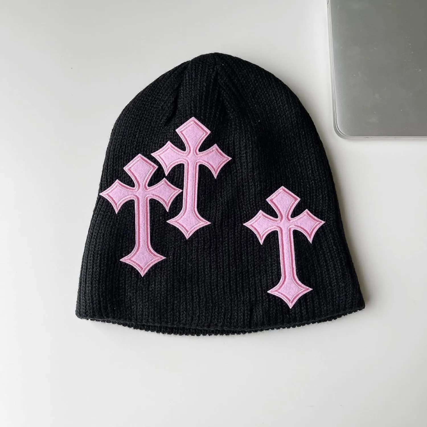 Y2K Dark Cross Wool Hat - Cross Pattern Fashion Loose Pile Knit Hat for Cold Weather - Autumn and Winter