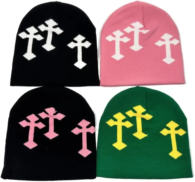 Y2K Dark Cross Wool Hat - Cross Pattern Fashion Loose Pile Knit Hat for Cold Weather - Autumn and Winter