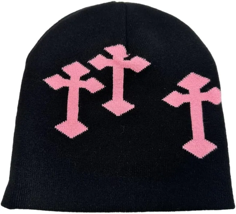 Y2K Dark Cross Wool Hat - Cross Pattern Fashion Loose Pile Knit Hat for Cold Weather - Autumn and Winter