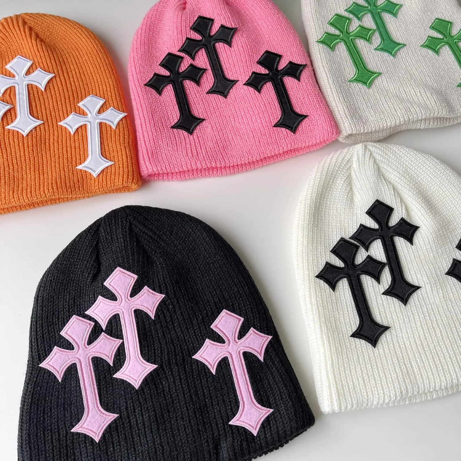 Y2K Dark Cross Wool Hat - Cross Pattern Fashion Loose Pile Knit Hat for Cold Weather - Autumn and Winter
