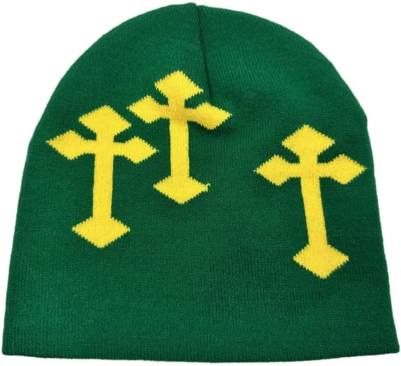 Y2K Dark Cross Wool Hat - Cross Pattern Fashion Loose Pile Knit Hat for Cold Weather - Autumn and Winter