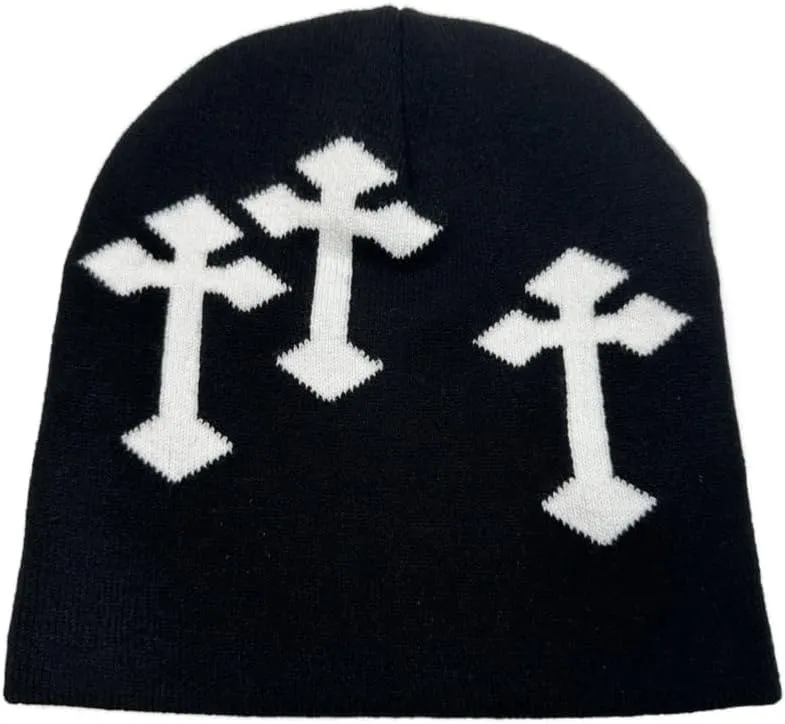 Y2K Dark Cross Wool Hat - Cross Pattern Fashion Loose Pile Knit Hat for Cold Weather - Autumn and Winter