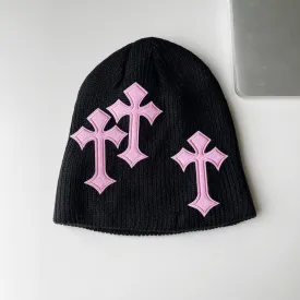 Y2K Dark Cross Wool Hat - Cross Pattern Fashion Loose Pile Knit Hat for Cold Weather - Autumn and Winter
