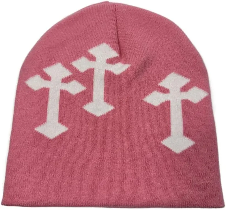 Y2K Dark Cross Wool Hat - Cross Pattern Fashion Loose Pile Knit Hat for Cold Weather - Autumn and Winter