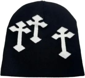 Y2K Dark Cross Wool Hat - Cross Pattern Fashion Loose Pile Knit Hat for Cold Weather - Autumn and Winter