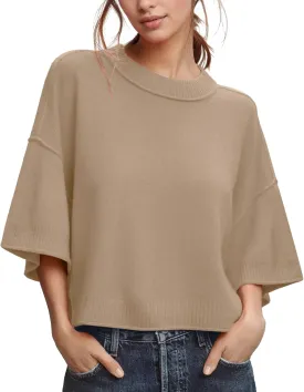 ZDC Women's Oversized Sweaters Summer 3/4 Sleeve Casual Cropped Tops Lightweight Loose Fit Knit Pullover