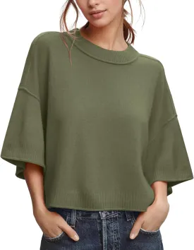 ZDC Women's Oversized Sweaters Summer 3/4 Sleeve Casual Cropped Tops Lightweight Loose Fit Knit Pullover