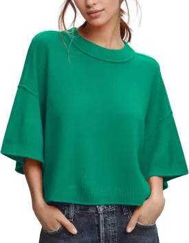 ZDC Women's Oversized Sweaters Summer 3/4 Sleeve Casual Cropped Tops Lightweight Loose Fit Knit Pullover