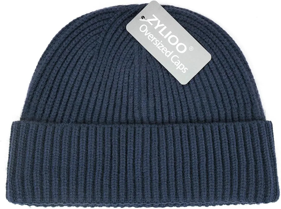 Zylioo XXL Brimless Beanie Hats,Large Knitted Trawler Skull Cap,Winter Stretchy Docker Cap,Warm Rolled Cuff Harbour Hat